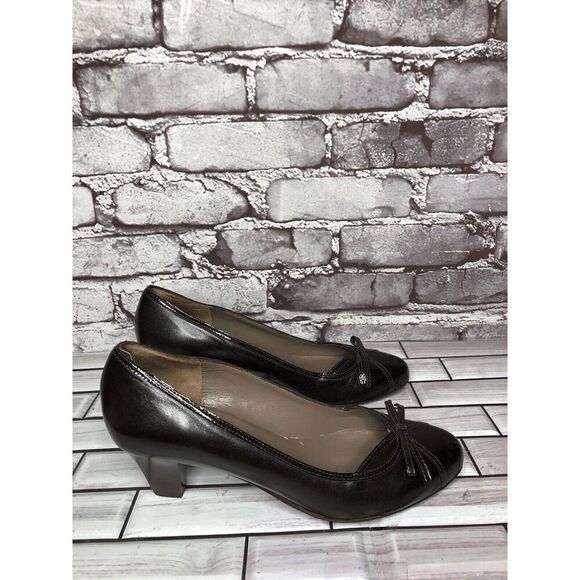 GIORGIA B. Brown Leather Patent Bow Designer Pumps Heels Women’s Sz 38EU/7.5M US - Picture 5 of 16